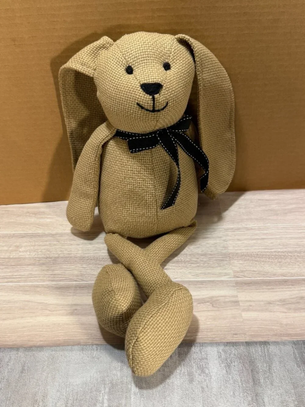 Primitive Farmhouse Bunny Rabbit Plush Doll Tan Woven Fabric Long Legs 18